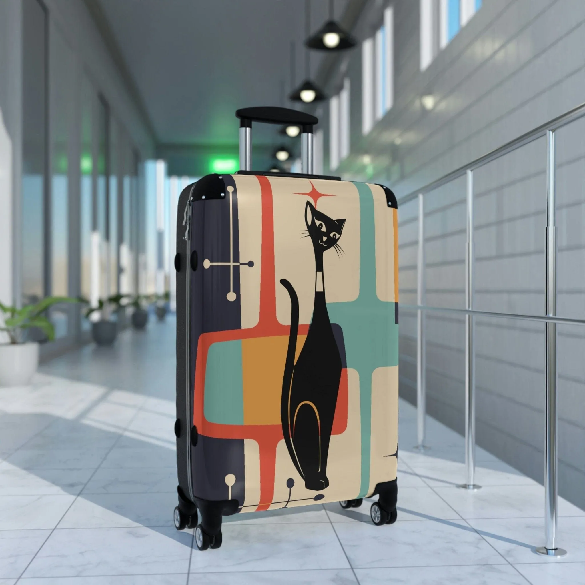 Atomic Cat Cabin Suitcase, Mid Century Modern Teal Blue, Mustard Yellow, Cream MCM Starburst Carry-On Roller Travel Luggage Set