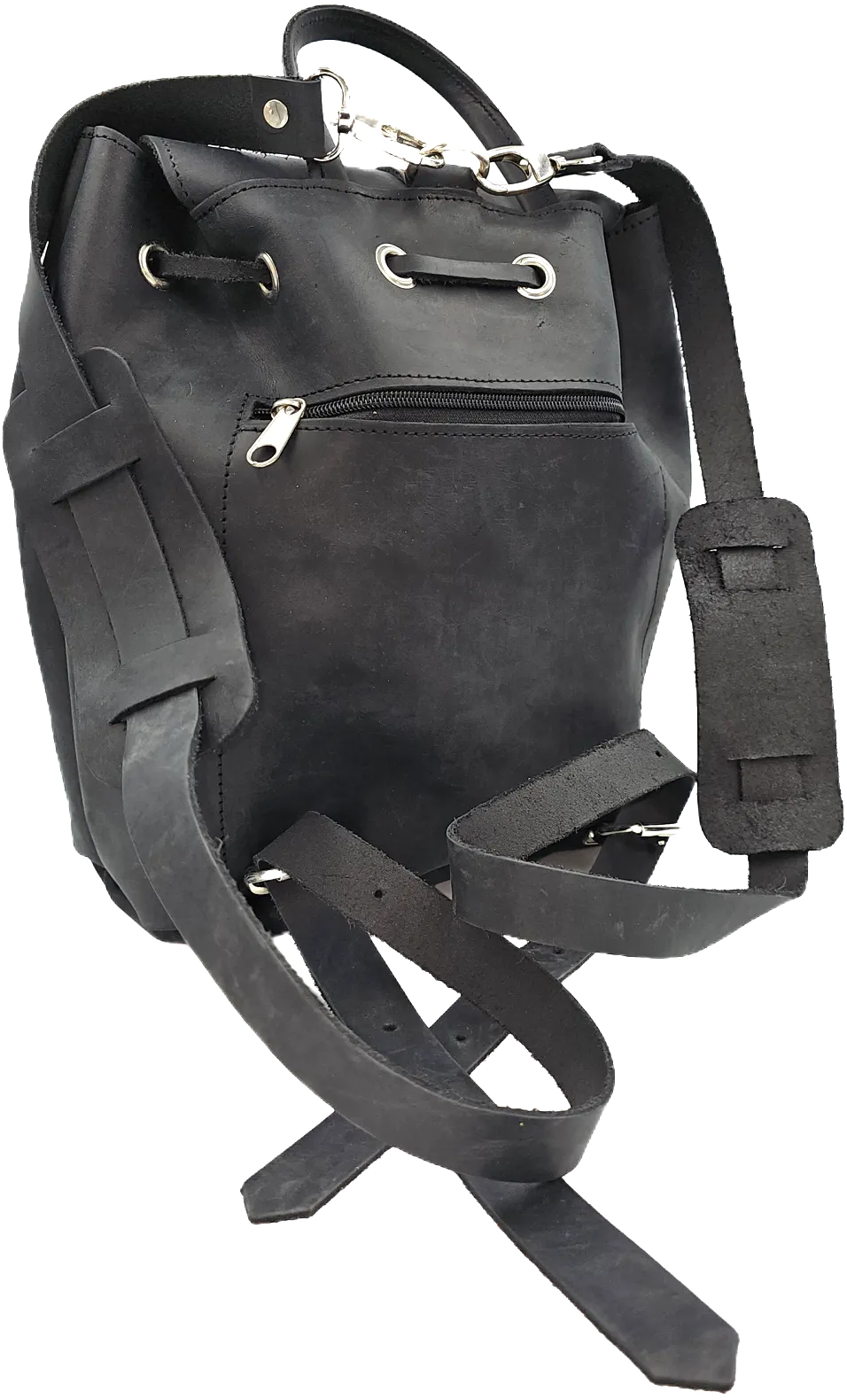 Black unisex backpack leather bag with locker front pocket