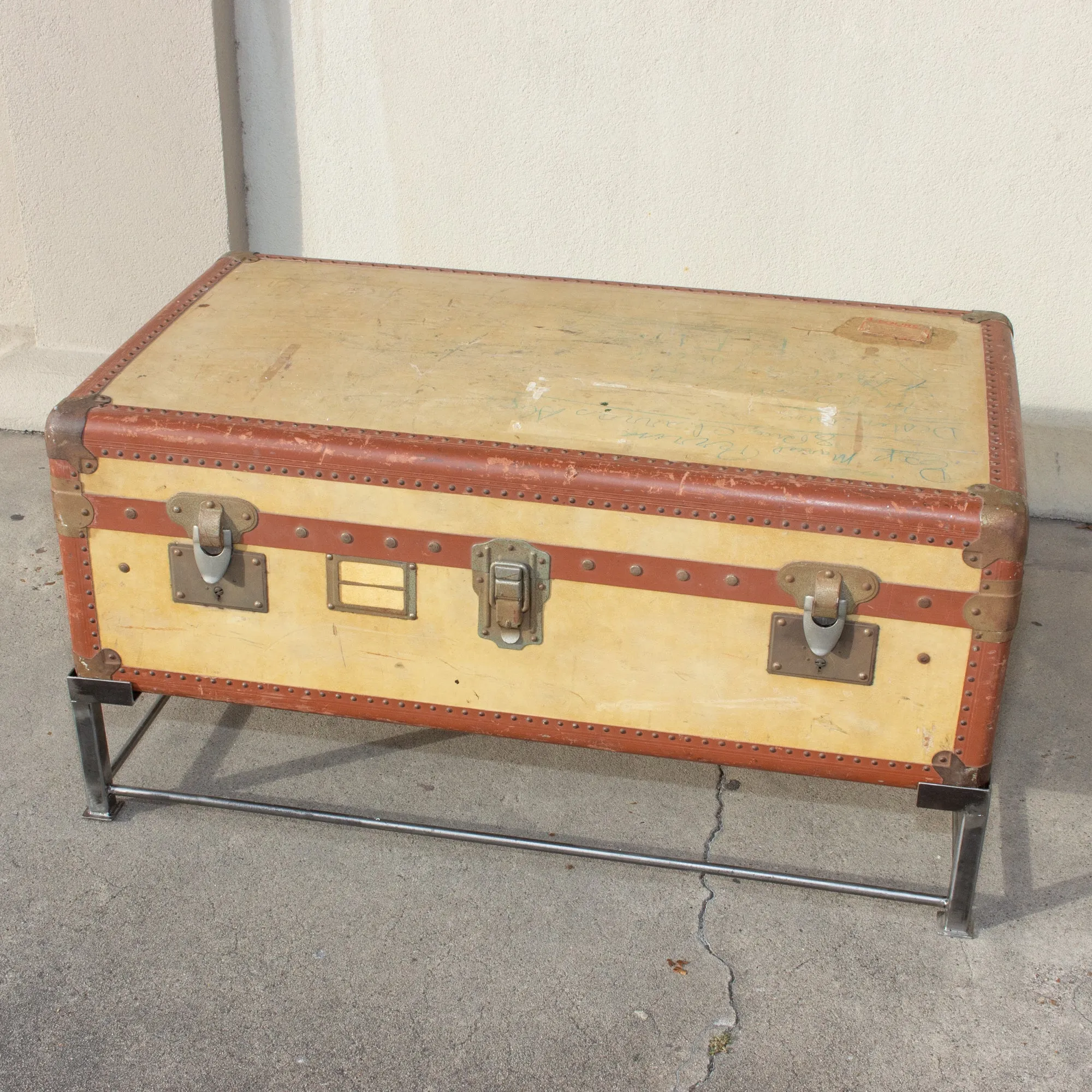 Coffee Table Crafted with Vintage French Luggage and Custom Iron Base