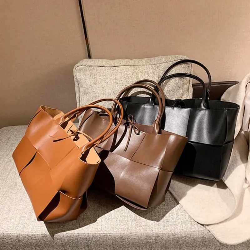 High Capacity Weave Style Vegan Leather Shoulder Bags