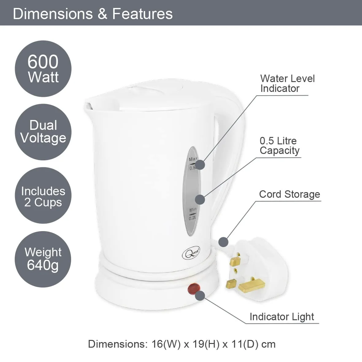 Quest 35440 Compact Travel Kettle / 0.5 litres / 600 Watt/Dual Voltage/Indicator Light/Includes 2 Cups/White